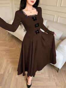 Feyla Women's Contrast Lace Bow Decor Long Sleeve Elegant Mid-Length Dress - Coffee Brown - View 4