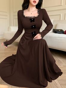Feyla Women's Contrast Lace Bow Decor Long Sleeve Elegant Mid-Length Dress - Coffee Brown - View 7