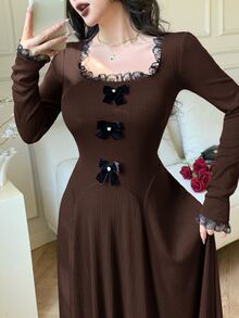 Feyla Women's Contrast Lace Bow Decor Long Sleeve Elegant Mid-Length Dress - Coffee Brown - View 6