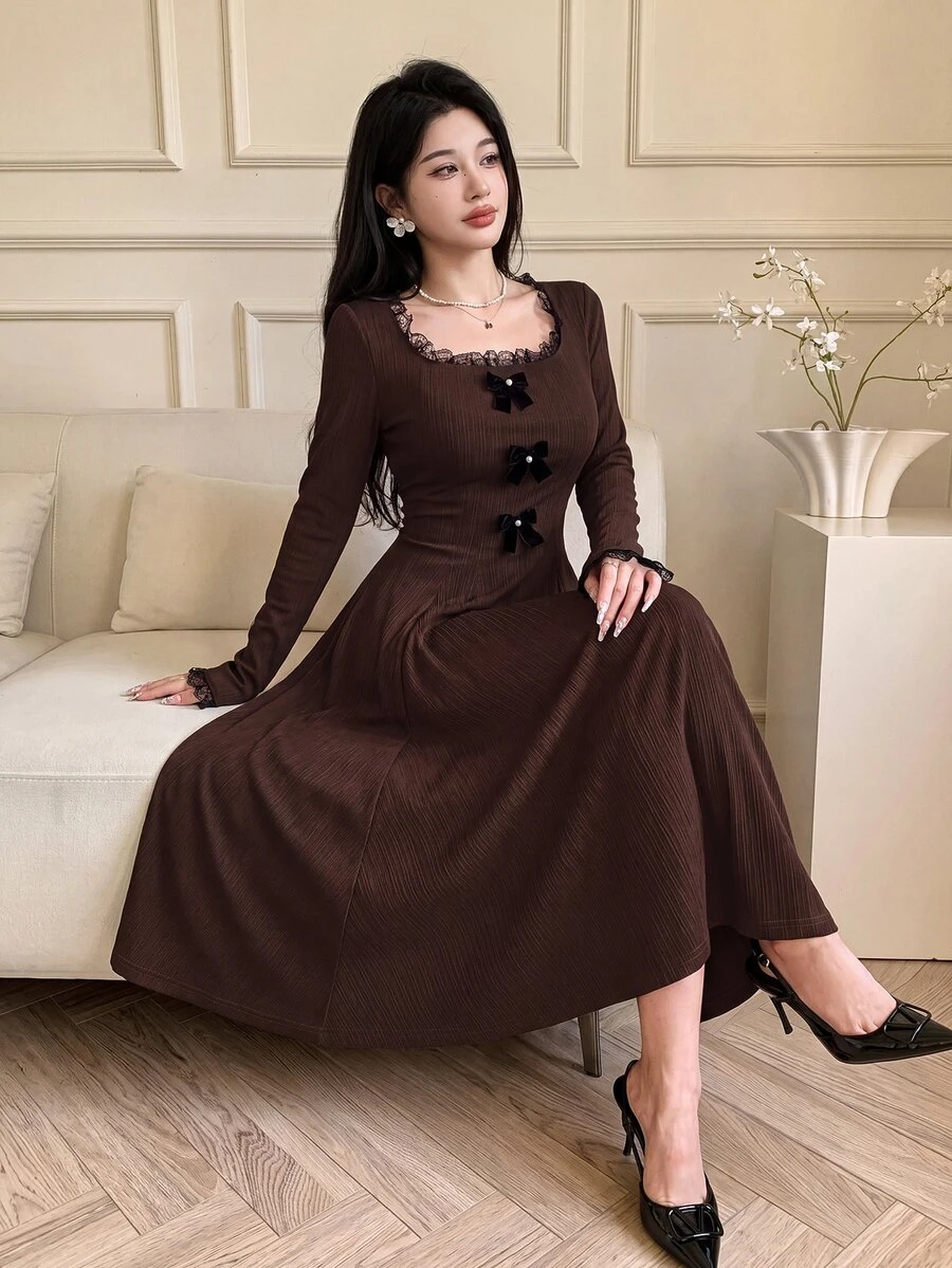 Feyla Women's Contrast Lace Bow Decor Long Sleeve Elegant Mid-Length Dress - Coffee Brown - View 1