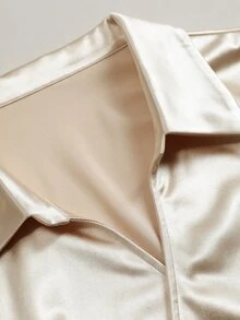 Elenzga Plus Size Women's Asymmetrical Hem Stud Button Tie Satin Fabric Elegant Commuter Blouse, Autumn/Winter Fall - Apricot - View 4