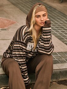 Voyena Plus Size Women's Brown Striped Hooded Zip Up Jacket, Letter Graphic Print, Long Sleeve Knit Sweatshirt With Pockets, Casual Sports Outerwear For Fall - Brown - View 8