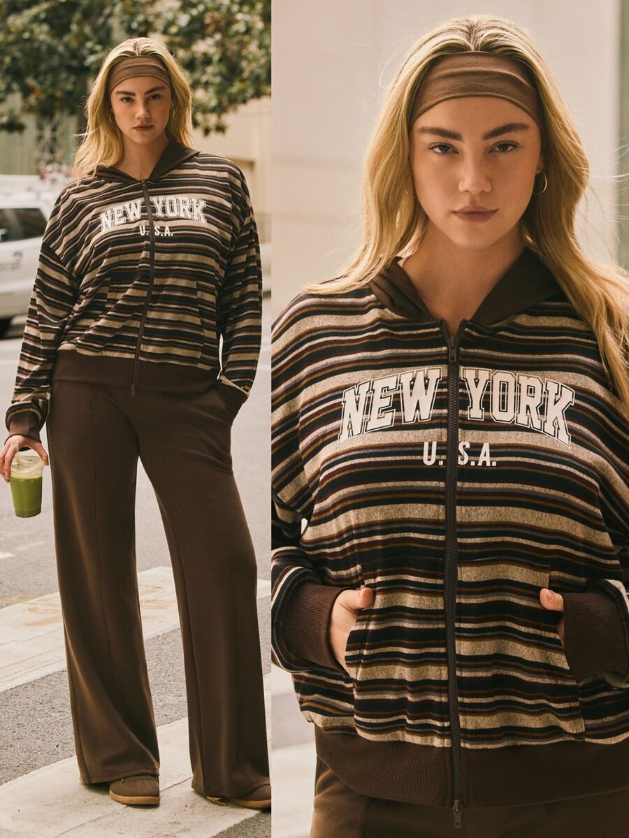 Voyena Plus Size Women's Brown Striped Hooded Zip Up Jacket, Letter Graphic Print, Long Sleeve Knit Sweatshirt With Pockets, Casual Sports Outerwear For Fall - Brown - View 1