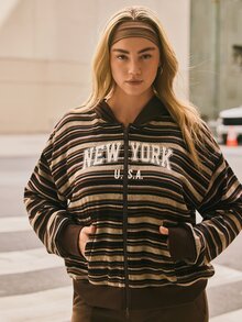 Voyena Plus Size Women's Brown Striped Hooded Zip Up Jacket, Letter Graphic Print, Long Sleeve Knit Sweatshirt With Pockets, Casual Sports Outerwear For Fall - Brown - View 6