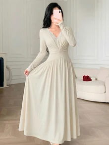 Feyla New V-Neck Lace Patchwork Long Sleeve High-Quality Waist Cinching Maxi Dress - White - View 5