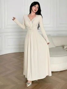 Feyla New V-Neck Lace Patchwork Long Sleeve High-Quality Waist Cinching Maxi Dress - White - View 7