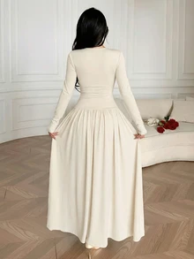 Feyla New V-Neck Lace Patchwork Long Sleeve High-Quality Waist Cinching Maxi Dress - White - View 8