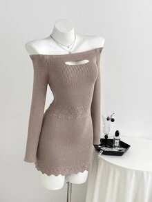 Elamini Women's Brown Sexy Fashion Elegant Daily Commute Date Outfit Autumn/Winter Square Neck Sweater Dress - Mocha Brown - View 6