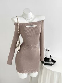 Elamini Women's Brown Sexy Fashion Elegant Daily Commute Date Outfit Autumn/Winter Square Neck Sweater Dress - Mocha Brown - View 5