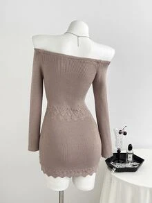 Elamini Women's Brown Sexy Fashion Elegant Daily Commute Date Outfit Autumn/Winter Square Neck Sweater Dress - Mocha Brown - View 2