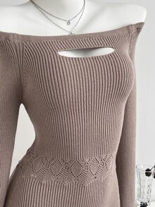Elamini Women's Brown Sexy Fashion Elegant Daily Commute Date Outfit Autumn/Winter Square Neck Sweater Dress - Mocha Brown - View 8