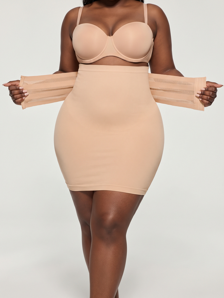 SHAPORA Women Plus Size Seamless High Waisted Front Hook Closure Abdominal Control Waist Cinching Hip Lifting Body Shaping Shapewear Skirt - Apricot - View 5