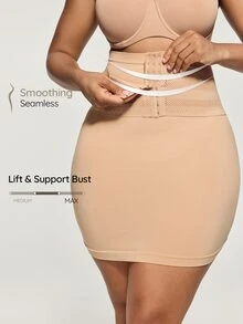 SHAPORA Women Plus Size Seamless High Waisted Front Hook Closure Abdominal Control Waist Cinching Hip Lifting Body Shaping Shapewear Skirt - Apricot - View 3