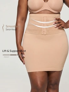 SHAPORA Women Plus Size Seamless High Waisted Front Hook Closure Abdominal Control Waist Cinching Hip Lifting Body Shaping Shapewear Skirt - Apricot - View 7