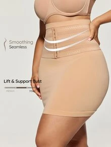 SHAPORA Women Plus Size Seamless High Waisted Front Hook Closure Abdominal Control Waist Cinching Hip Lifting Body Shaping Shapewear Skirt - Apricot - View 4