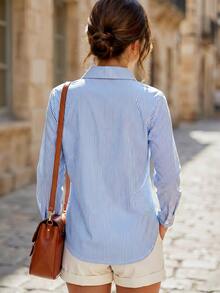 SHEIN LUNE Plus Size Women's Blue White Stripe Casual Cargo Daily Wear Shirt Fall Brunch Office - Blue - View 2