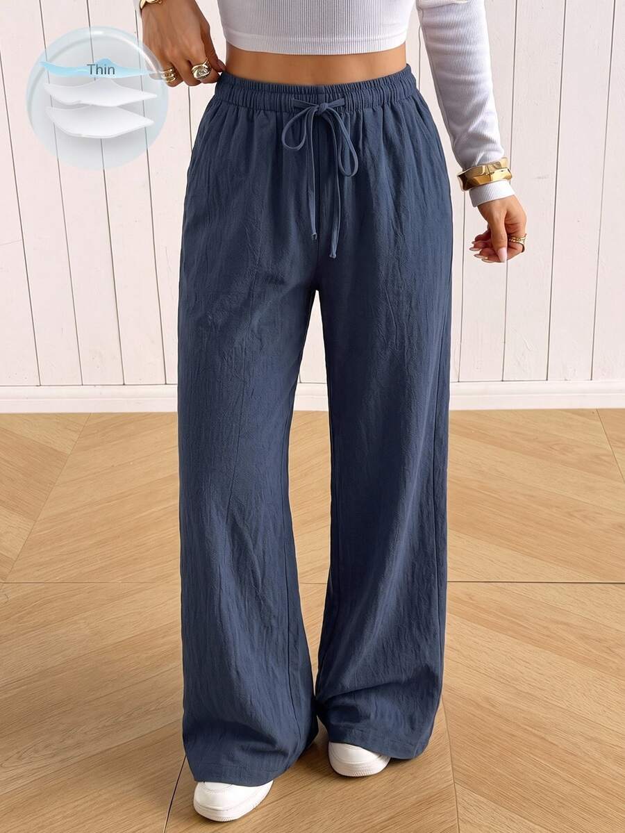 SHEIN EZwear 藏青色棉麻抽绳腰斜口袋阔腿裤 - 藏蓝色 - 查看 1