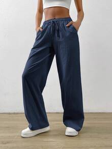 SHEIN EZwear 藏青色棉麻抽绳腰斜口袋阔腿裤 - 藏蓝色 - 查看 9