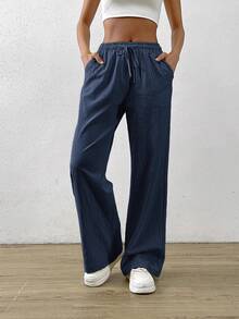 SHEIN EZwear 藏青色棉麻抽绳腰斜口袋阔腿裤 - 藏蓝色 - 查看 3