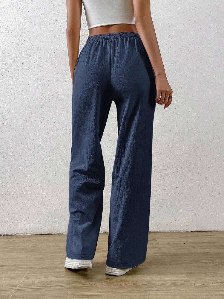 SHEIN EZwear Navy Blue Cotton And Linen Drawstring Waist Slant Pocket Wide Leg Pants - Navy Blue - View 2