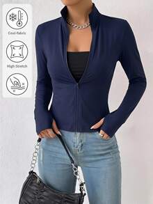 SHEIN EZwear Black Fitted Women's Long-Sleeve Knit Sun-Protection Jacket, Featuring A Vintage Napoleon-Style Print And Pockets. - Navy Blue - View 2