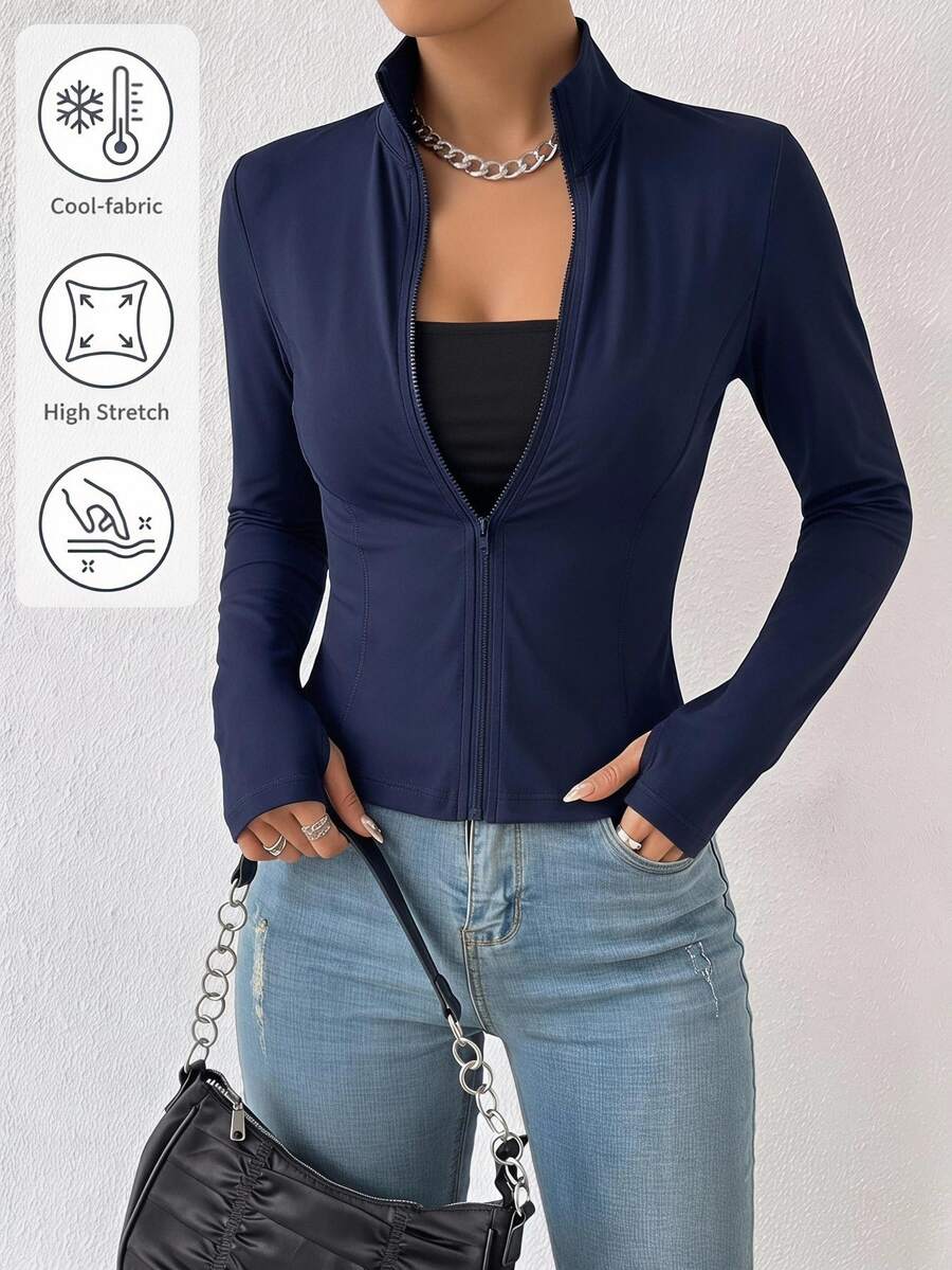 SHEIN EZwear Black Fitted Women's Long-Sleeve Knit Sun-Protection Jacket, Featuring A Vintage Napoleon-Style Print And Pockets.