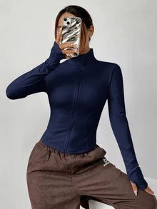 SHEIN EZwear Black Fitted Women's Long-Sleeve Knit Sun-Protection Jacket, Featuring A Vintage Napoleon-Style Print And Pockets. - Navy Blue - View 5