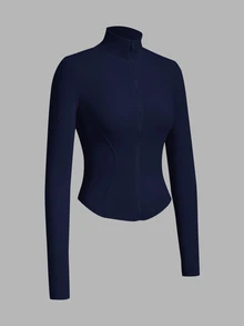 SHEIN EZwear Black Fitted Women's Long-Sleeve Knit Sun-Protection Jacket, Featuring A Vintage Napoleon-Style Print And Pockets. - Navy Blue - View 4