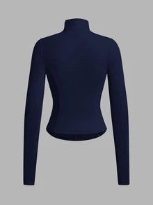 SHEIN EZwear Black Fitted Women's Long-Sleeve Knit Sun-Protection Jacket, Featuring A Vintage Napoleon-Style Print And Pockets. - Navy Blue - View 3