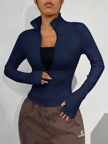 SHEIN EZwear Black Fitted Women's Long-Sleeve Knit Sun-Protection Jacket, Featuring A Vintage Napoleon-Style Print And Pockets. - Navy Blue - View 7