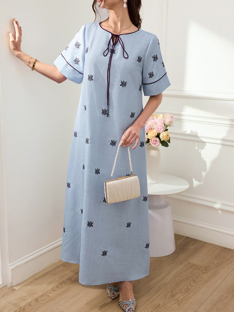 Al Najma Women's Lace-Up Leaf Embroidery Pattern Casual Party Arabian Dress - Blue - View 5