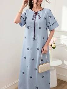 Al Najma 女款繫帶葉子刺繡圖案休閒派對阿拉伯風洋裝 - 藍色 - 查看 8