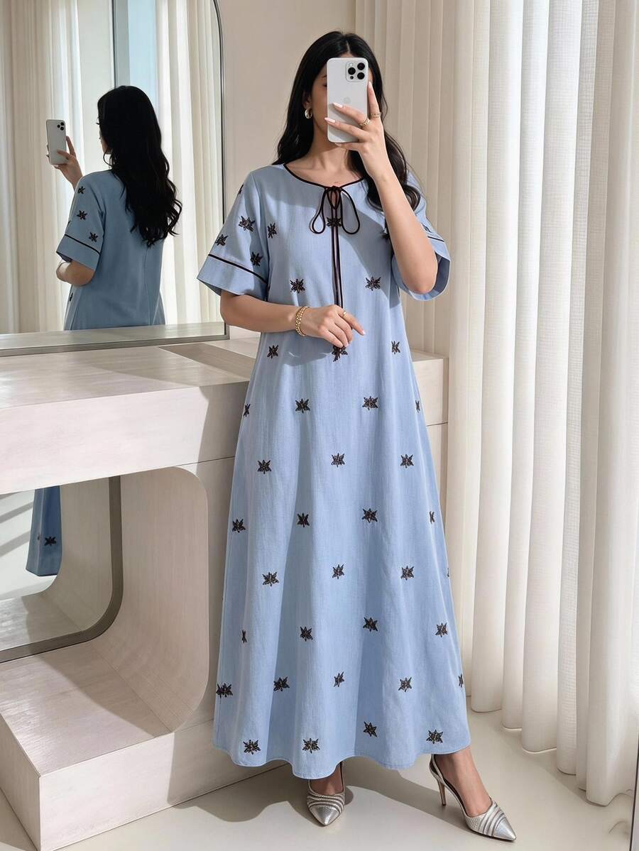 Al Najma 女款繫帶葉子刺繡圖案休閒派對阿拉伯風洋裝