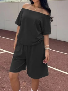 SHEIN EZwear 夏季休閒女款 2 件套套裝，運動針織運動衫與短褲套組，適合各種場合，舒適度假休閒穿搭，適合豐滿身材女性 - 黑色 - 查看 4