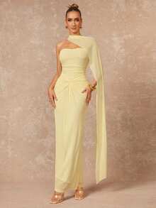 Lumalex Women's Pale Yellow Elegant Summer Dinner Birthday Mother Of The Bride Dress,Halterneck Ruched Bust Bodycon Formal Gown For Wedding Guest - Pale Yellow - View 4