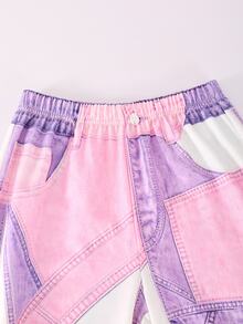 SHEIN Tween Girls Fall Style Cute 2 Pieces Outfit, Frayed Patchwork Heart Print Cropped Hoodie Pink Purple Denim Effect Wide Leg Trousers School Y2k 80s - White - View 6