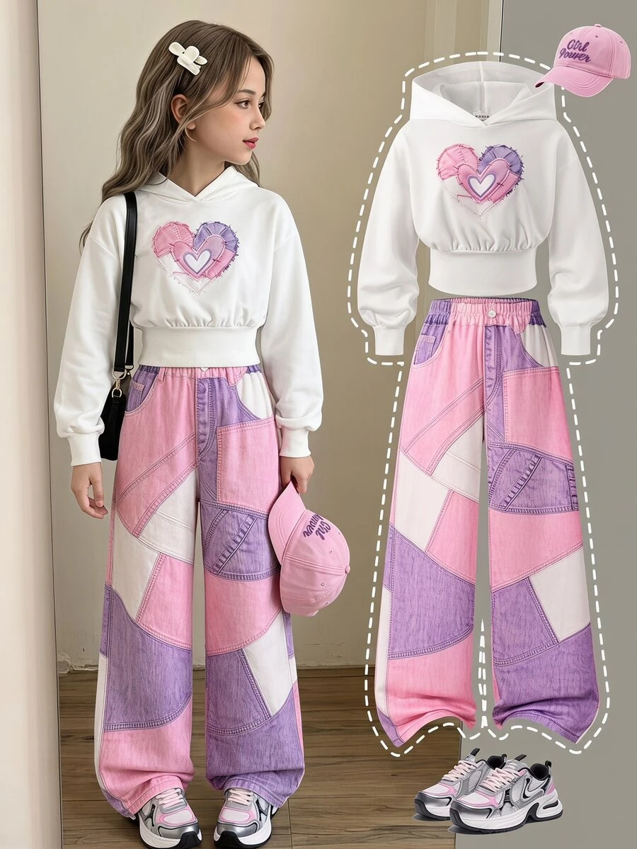 SHEIN Tween Girls Fall Style Cute 2 Pieces Outfit, Frayed Patchwork Heart Print Cropped Hoodie Pink Purple Denim Effect Wide Leg Trousers School Y2k 80s - White - View 1