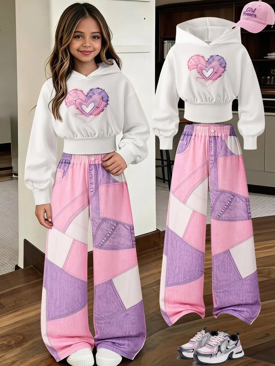 SHEIN 青少年女孩秋季風格可愛兩件套套裝，毛邊拼接愛心印花短版連帽衛衣，粉紫色丹寧質感寬腿長褲，校園 Y2K 80年代風 - 白色 - 查看 1