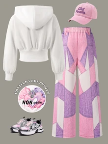 SHEIN Tween Girls Fall Style Cute 2 Pieces Outfit, Frayed Patchwork Heart Print Cropped Hoodie Pink Purple Denim Effect Wide Leg Trousers School Y2k 80s - White - View 4