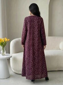 Al Najma 女款花卉圖案V領鈕扣裝飾長袖阿拉伯風洋裝 - 彩色 - 查看 3