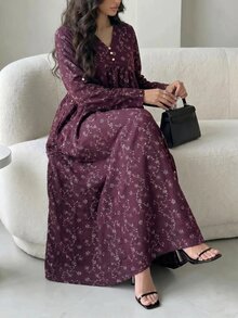 Al Najma 女款花卉圖案V領鈕扣裝飾長袖阿拉伯風洋裝 - 彩色 - 查看 6
