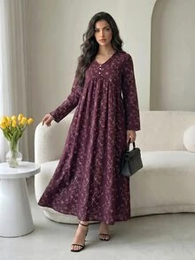 Al Najma 女款花卉圖案V領鈕扣裝飾長袖阿拉伯風洋裝 - 彩色 - 查看 8