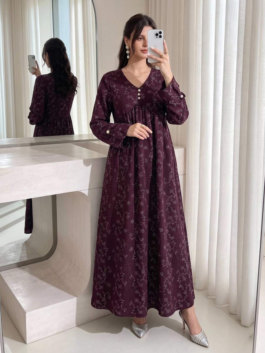Al Najma 女款花卉圖案V領鈕扣裝飾長袖阿拉伯風洋裝