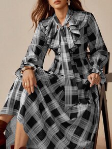 Florisole Women's Casual Plaid Frill Trim Long Sleeve Dress, Suitable For Vacation Romantic - Black and White - View 3