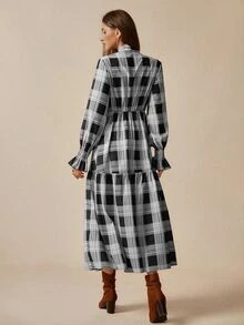 Florisole Women's Casual Plaid Frill Trim Long Sleeve Dress, Suitable For Vacation Romantic - Black and White - View 2