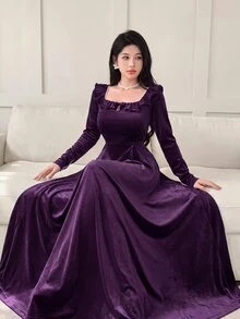 Feyla Women's Ruffle Trim Square Neck Long Sleeve Midi Dress Purple Elegant Dress Women - Purple - View 4