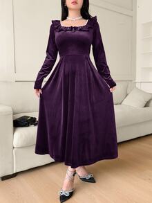 Feyla Women's Ruffle Trim Square Neck Long Sleeve Midi Dress Purple Elegant Dress Women - Purple - View 6