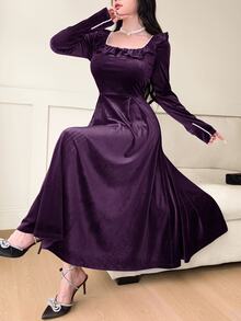 Feyla Women's Ruffle Trim Square Neck Long Sleeve Midi Dress Purple Elegant Dress Women - Purple - View 5