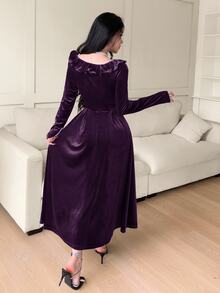 Feyla Women's Ruffle Trim Square Neck Long Sleeve Midi Dress Purple Elegant Dress Women - Purple - View 3
