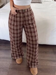 SHEIN PETITE CURVE Plus Size Women's Solid Color Casual Everyday Commute Simple Versatile Loose Comfortable Wide Leg Pants Fall - Multicolor - View 3